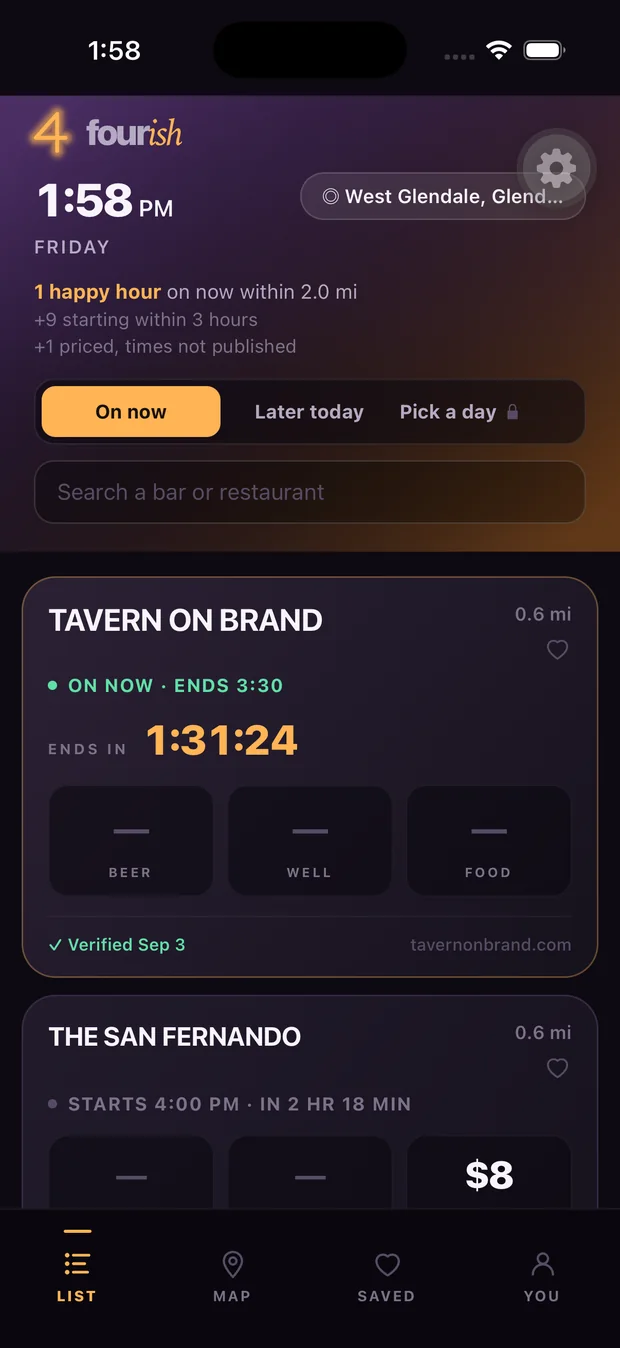 The Fourish list screen: the current time, a count of happy hours on now within two miles, and venue cards showing distance, the hours the happy hour runs, a live countdown, and price slots for beer, well and food.